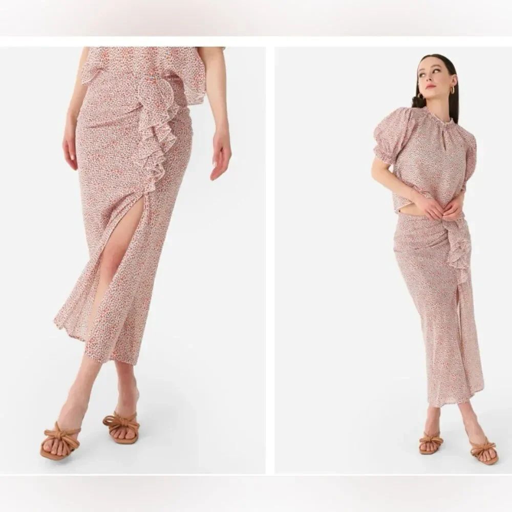 New Katharine Kidd Lilya White Orange Tulip Print Ruffle Front Slit Midi Skirt 4